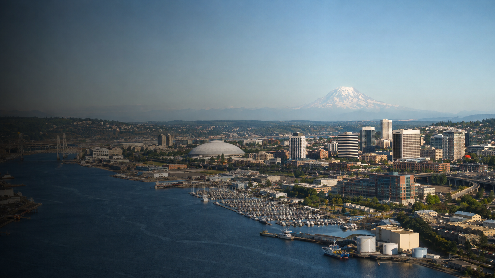 Illustrative aerial view of downtown Tacoma, the Tacoma Dome, Thea Foss Waterway, and Mount Rainier
